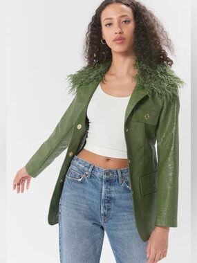 House of Sunny Green Faux Leather Blazer with Feather Collar